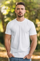 white men's tshirt print on demand mockup on man blurred background - generative ai
