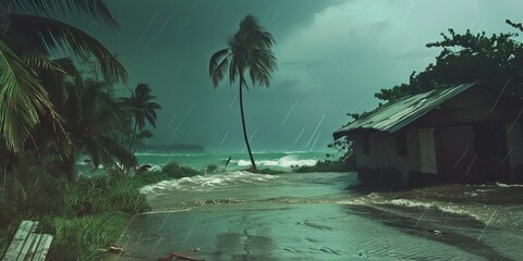 Tropical hurricane on the beach with wind and severe weather