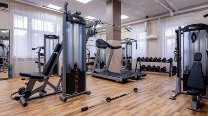 Fototapeta na wymiar Modern Gym Room Fitness Center With Equipment And Machines