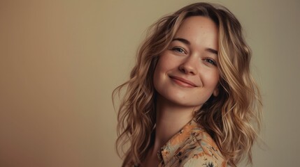 Fototapeta premium Pretty smiling joyfully female with fair hair, dressed casually, looking with satisfaction at camera, being happy. Studio shot of good-looking beautiful woman isolated against blank studio wall.