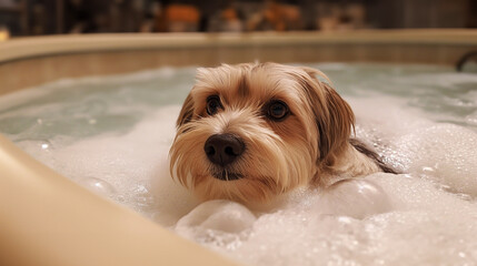A small, adorable Yorkshire Terrier enjoys a relaxing moment in a bubble-filled hot tub, its expression one of complete tranquility and pleasure