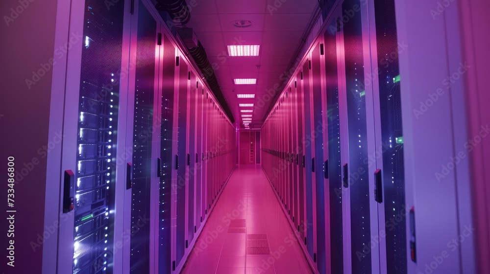 Poster shot of corridor in working data center full of rack servers and supercomputers with high internet v