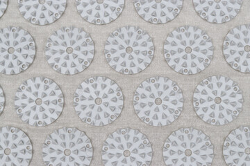 Close-up of orthopedic acupressure mat for self health massage at home and indoors