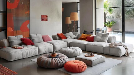 Spacious modern lounge with grey sofa and colorful pillows and poufs