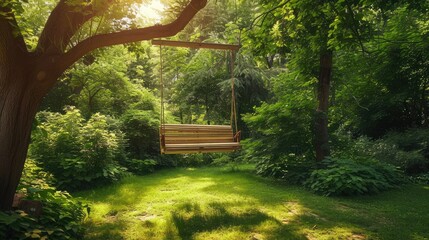 Swing bench in lush garden. Curved swing bench hanging from the bough of a tree in a lush garden with woodland backdrop for relaxing on hot summer days - Powered by Adobe