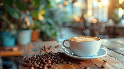 Cup of coffee latte or cappuccino and coffee beans on old wooden background