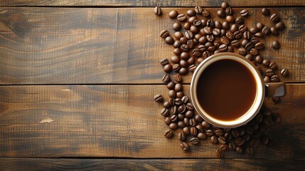 Cup of coffee latte or cappuccino and coffee beans on old wooden background
