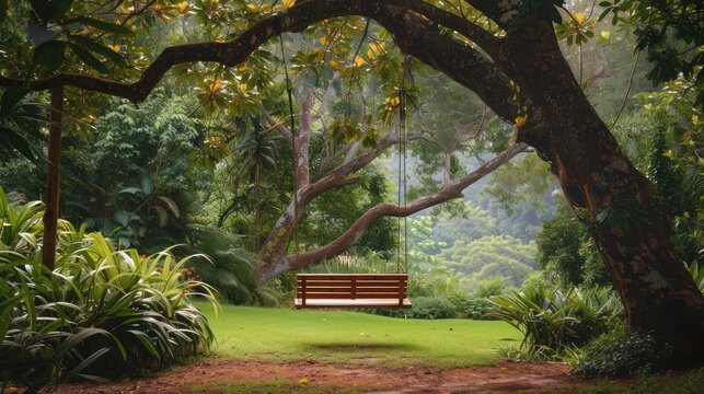 Swing bench in lush garden. Curved swing bench hanging from the bough of a tree in a lush garden with woodland backdrop for relaxing on hot summer days