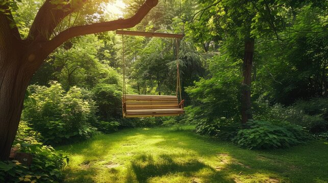 Swing bench in lush garden. Curved swing bench hanging from the bough of a tree in a lush garden with woodland backdrop for relaxing on hot summer days
