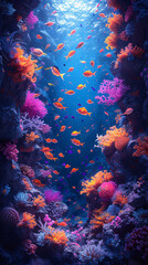 Vibrant underwater scene with colorful corals and fish.