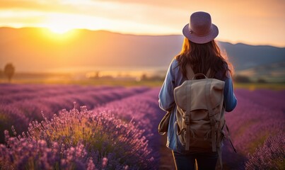 Fototapeta premium Sunset in Provence: Back View of a Happy Tourist Woman Exploring the Lavender Fields in France. The Tranquil Landscape and Purple Blooms Contribute to a Serene and Adventure-Filled Evening.