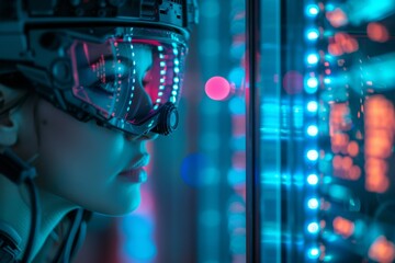 A woman's face, illuminated by artificial light, gazes into the night sky through her futuristic goggles, lost in thought as she contemplates the merging of technology and humanity in this stunning p - obrazy, fototapety, plakaty