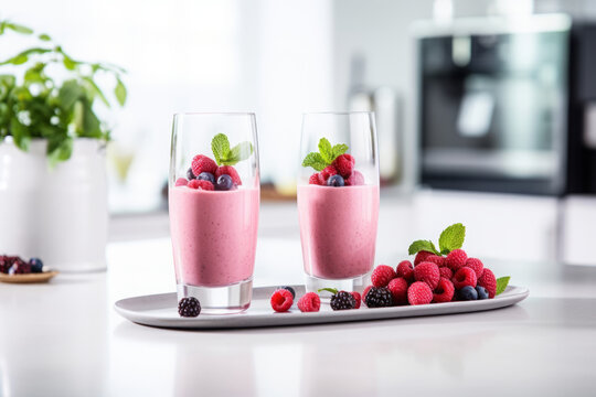 Berry smoothie in glasses in two glasses in white modern kitchen with fresh berries in white kitchen