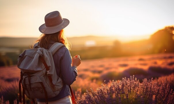 Sunset in Provence: Back View of a Happy Tourist Woman Exploring the Lavender Fields in France. The Tranquil Landscape and Purple Blooms Contribute to a Serene and Adventure-Filled Evening.




