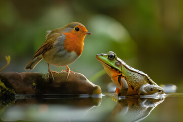 Fototapeta premium Bird Sitting on Tree Branch Next to Two Frogs