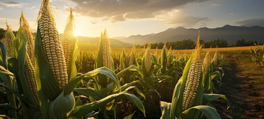 Fotobehang Corn cobs on the background of a cornfield in the sunlight at sunset © Vasiliy
