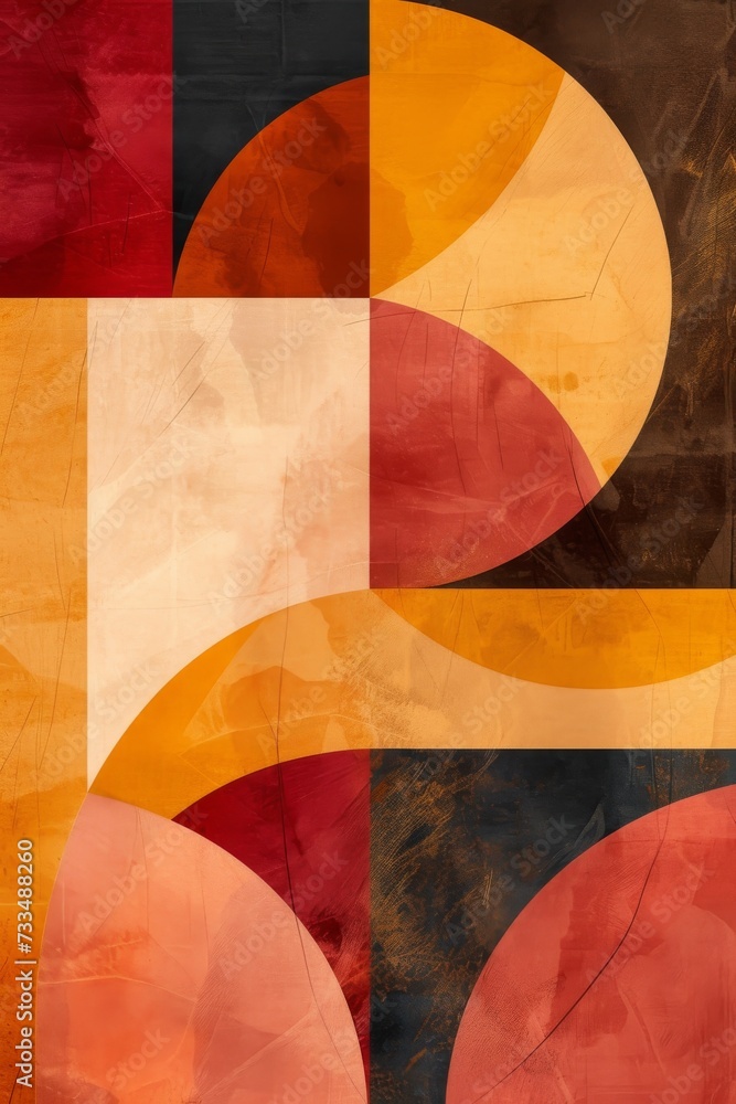 Poster vibrant circles and squares dance across a canvas in a bold and abstract painting bursting with hues