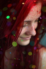 A vibrant woman with a fiery red mane and sparkling glitter adorning her face, exuding confidence and individuality in her stunning portrait