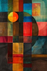 An explosion of vibrant colors and intricate patterns, this abstract painting of a circle and squares mesmerizes with its bold use of paint and fabric - obrazy, fototapety, plakaty