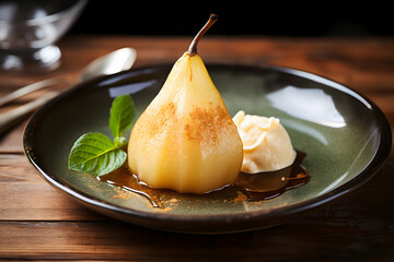 delectable dessert presentation featuring a glistening poached pear, accompanied by a scoop of creamy vanilla ice cream, sweet pear - obrazy, fototapety, plakaty