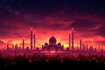 Fototapeta na wymiar A majestic mosque amidst a futuristic cityscape, under a starry sky at sunset