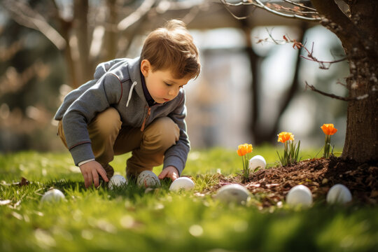 Little cute boy looking for Easter colored eggs, Easter egg hunt on the lawn in the backyard