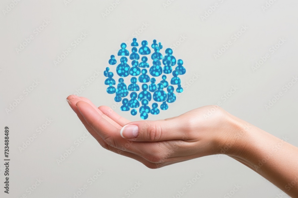 Poster digital synthesis: a human hand gently cradling a floating blue network sphere, symbolizing the inte
