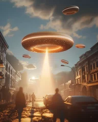 Photo sur Plexiglas UFO Group of People Walking Down Street Under a Sky Filled With Flying Saucers