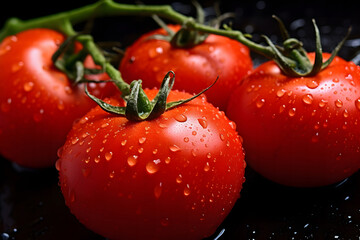 ripe tomatoes still attached to their green vine. The tomatoes are adorned with water droplets on their surface, emphasizing their juiciness and freshness