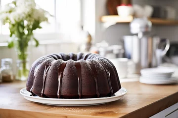 Fotobehang Chocolate bundt cake topped with chocolate glaze on white table in light and bright kitchen © fahrwasser