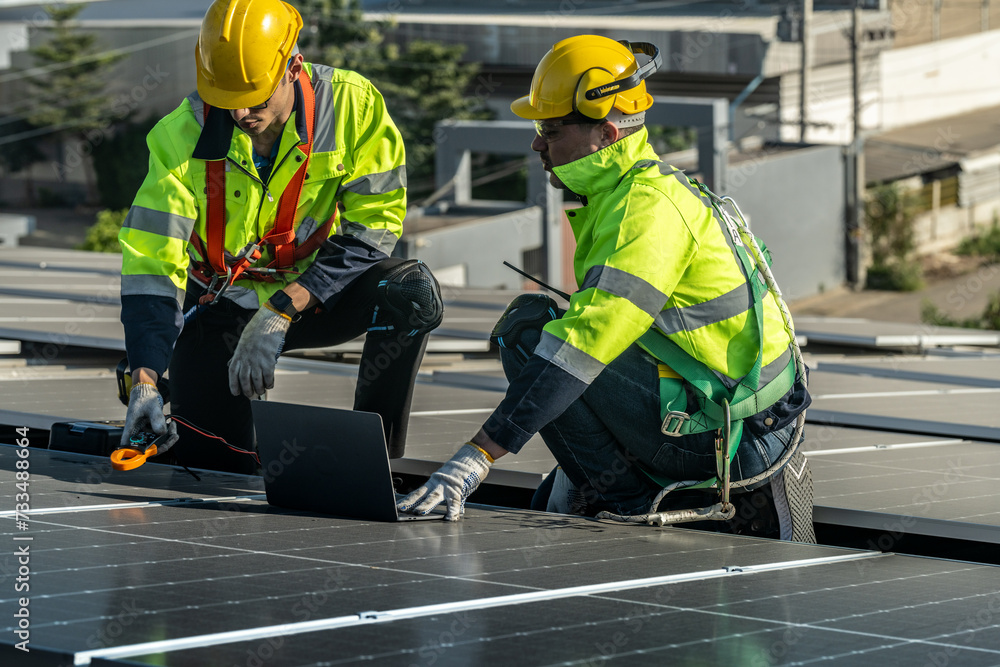 Wall mural worker technicians are working to construct solar panels system on roof. installing solar photovolta