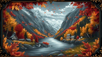 Autumn Mountain Valley with River and Cabin