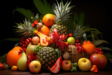  arrangement features an assortment of fresh fruits. Two ripe pineapples take center stage, surrounded by vibrant peaches and perfectly yellow bananas