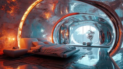 Frosty Ambiance in Bedroom with Futuristic Design in Melty metallic style