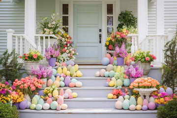 Fototapeta na wymiar Front porch decorated for Easter with spring flowers and colored eggs, pastel colors spring decorations