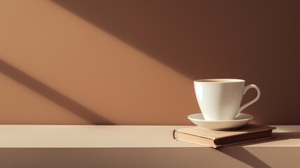 A white cup of coffee on a book, with sunlight casting shadows