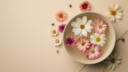 A bowl of colorful flowers on a beige background