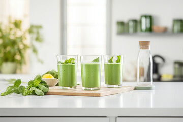 Green smoothie in glasses in white modern kitchen with green vegetables and fruits