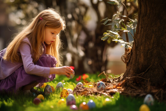 Little cute girl looking for Easter colored eggs, Easter egg hunt on the lawn in the backyard