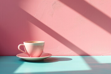 Minimal composition of a light pastel pink cup of coffee in the morning sun. Concept of waking up, morning and morning coffee.