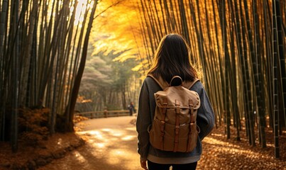 Fototapeta premium Tranquil Kyoto Evening: Happy 45-50-Year-Old Tourist Woman Walks Through the Enchanting Bamboo Forest during Sunset, Captivated by the Serene Beauty of Japanese Nature.