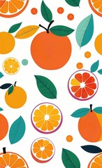 A bright pattern of oranges and green leaves on a white background. The composition includes whole oranges with attached green leaves, orange halves and orange slices.