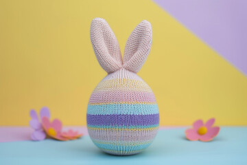 Knitted Easter eggs with bunny ears in bright pastel colors. Easter holiday concept, holiday greeting card.