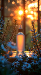 A spray bottle amidst flowers at sunset