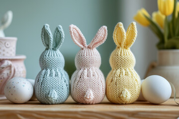 Knitted Easter bunny in bright pastel colors. Easter holiday concept, festive greeting card.