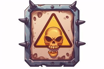 A warning sign with a skull, encased in a spiked metal frame