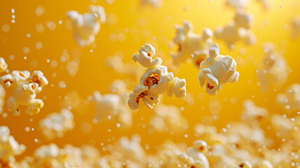 Popcorn pieces are captured mid-air against a vibrant yellow background