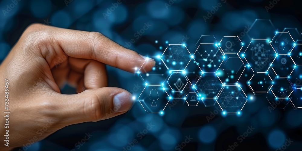 Leinwandbilder A Hand Interacts with a Digital Interface of Hexagonal Icons, Symbolizing Advanced Connectivity and Technology, Generative AI