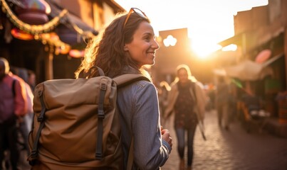 Obraz premium Medina Magic: Sunset Time in Marrakech, as a Happy Tourist Woman Explores the Bustling Streets of the Medina. Traditional Architecture, Warm Sunlight, and Market Lights Create a Vibrant Atmosphere