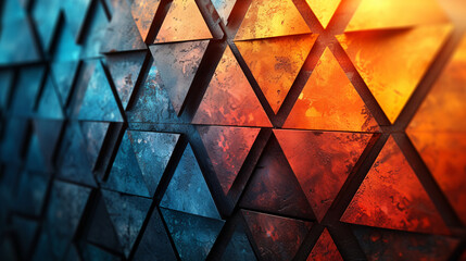 Colorful 3D triangles on a textured wall, creating a vibrant, abstract art piece